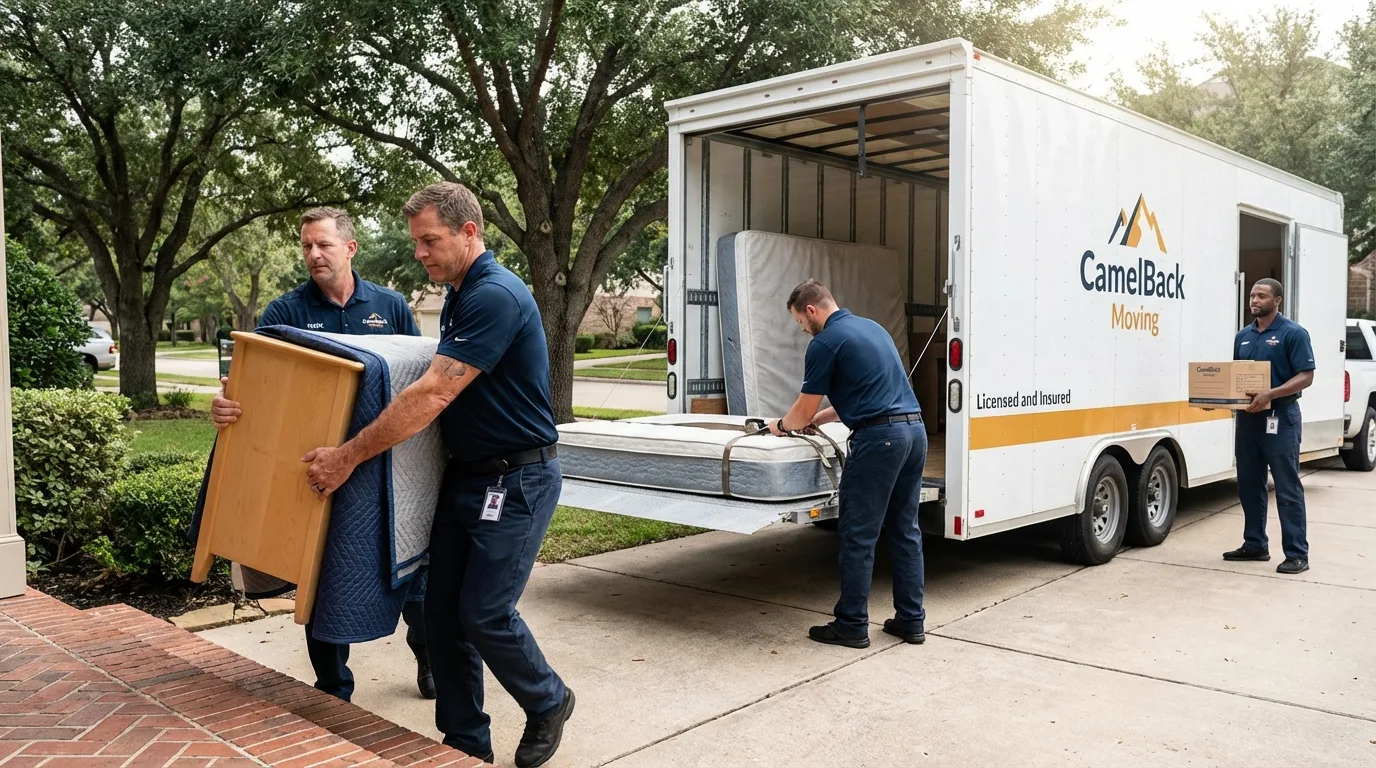 Crew loading residential truck for cross-state move from Stinnett, TX