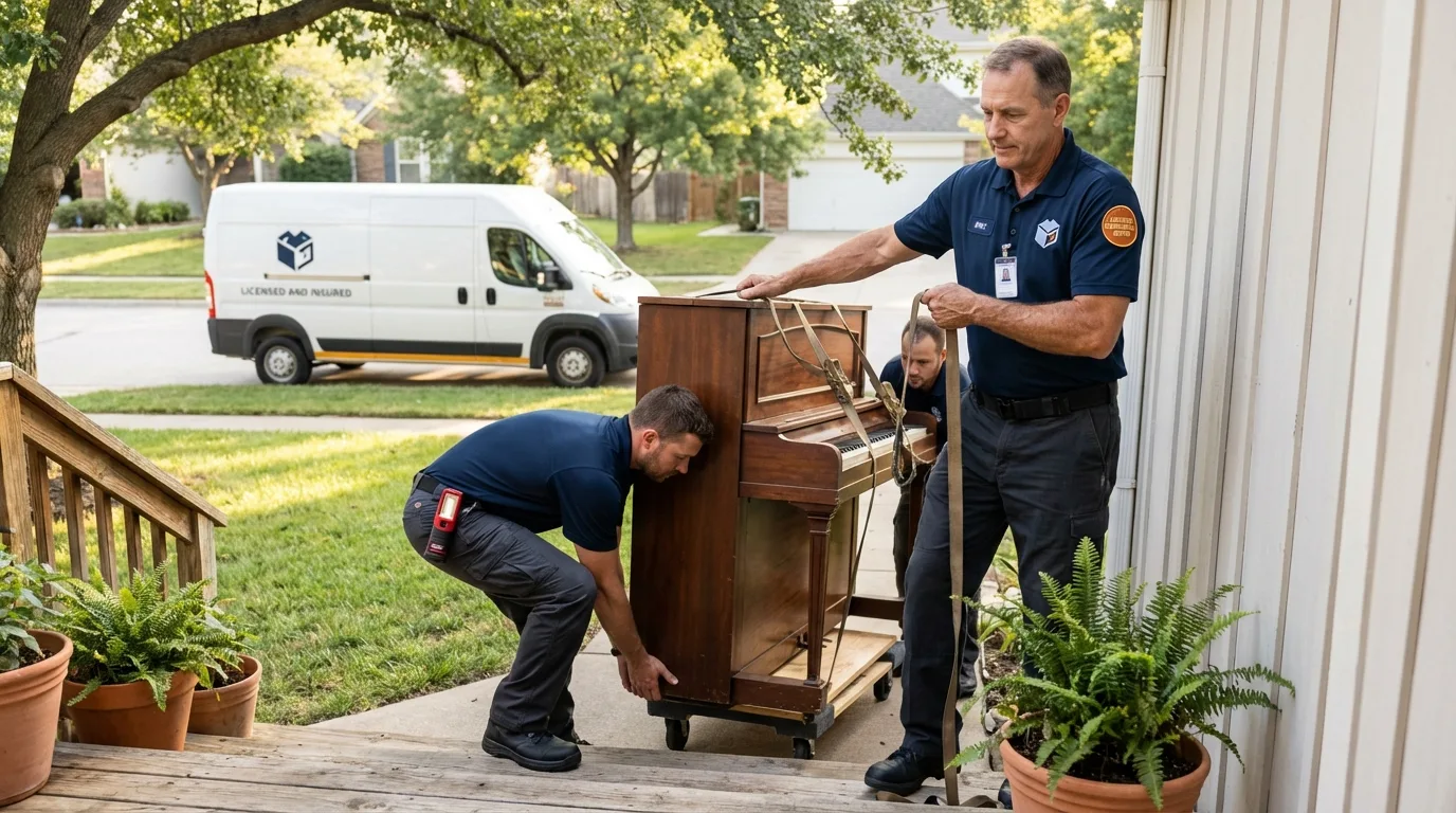 Licensed piano movers securing grand piano in Stinnett, TX