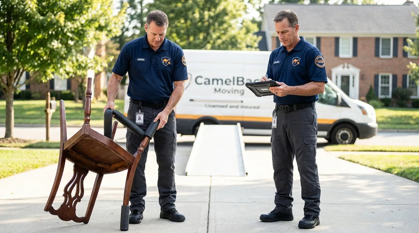 Movers inspecting furniture for damage prevention before loading in Stinnett, TX