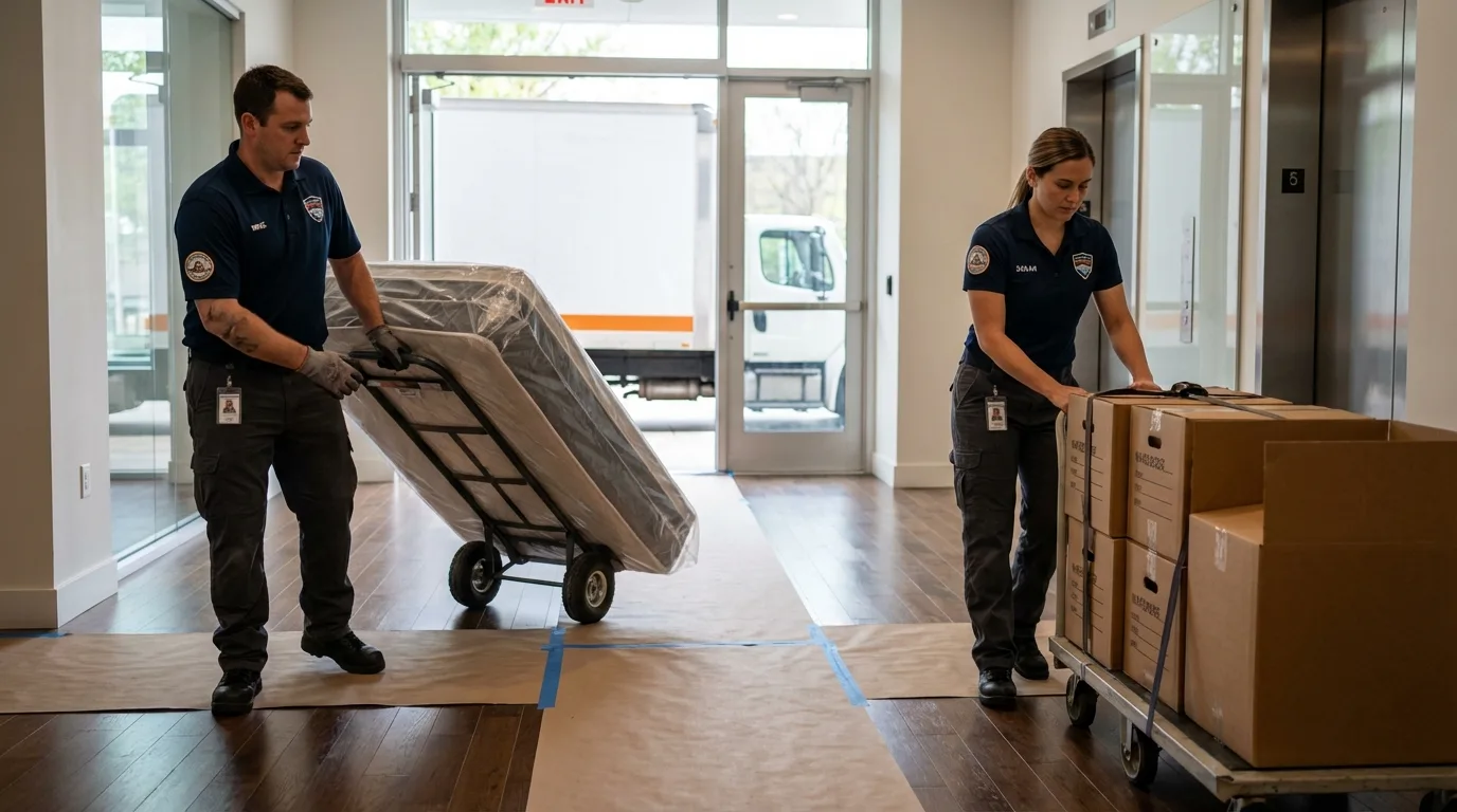 Professional apartment movers loading elevator in Stinnett, TX